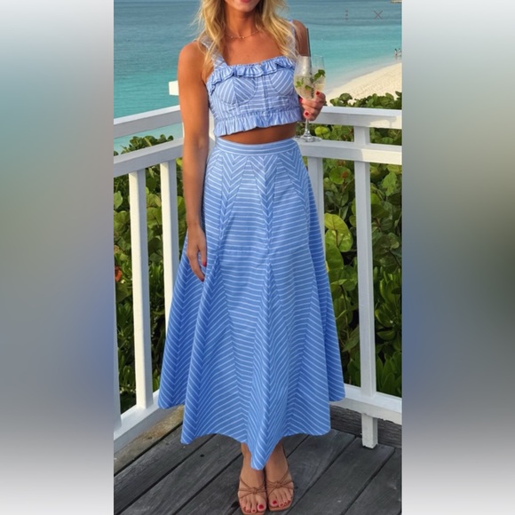 Sandro Dresses & Skirts - NWT Sandro Blue Striped Ruffle Corset Top & Midi Skirt Set